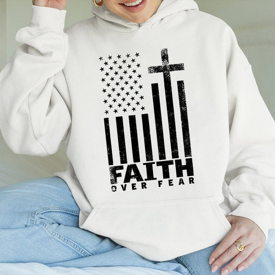 Faith Over Fear Hoodie | Distressed American Flag Cross Graphic | Premium Cotton Blend | Christian Patriotic Gift for Men and Women
