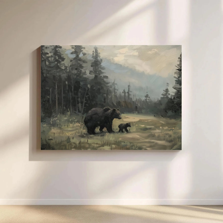 Mother Bear and Cub Wall Art | Rustic Forest Landscape Painting | Gallery Wrapped Canvas | Wildlife Decor for Cabin or Home