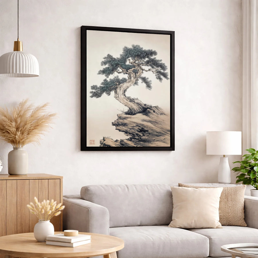 Chinese Pine Tree Wall Art | Ink Wash Style Bonsai Cliff Canvas | Gallery Wrapped Premium Print | Zen Home Decor Gift