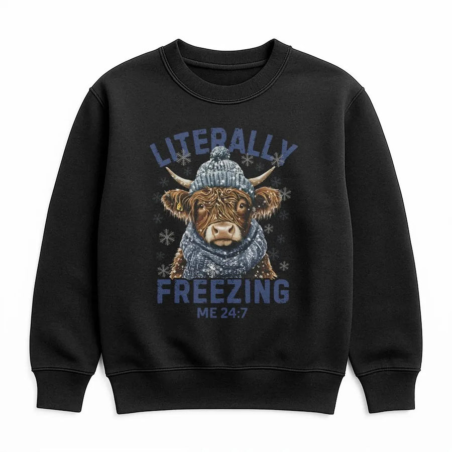 Highland Cow Sweatshirt | Literally Freezing Winter Design | Cozy Cotton-Blend Pullover | Funny Animal Lover Holiday Gift for Her & Him