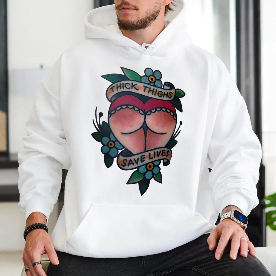 Thick Thighs Save Lives Hoodie | Neo-Traditional Tattoo Flash Art | Premium Cotton Blend Sweatshirt | Funny Gift for Her & Streetwear Lovers