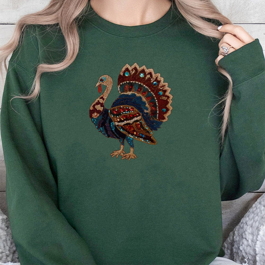 Thanksgiving Turkey Sweatshirt | Faux Rhinestone Boho Bird Print | Cotton Blend Premium Pullover | Festive Fall Outfit Gift for Women & Men