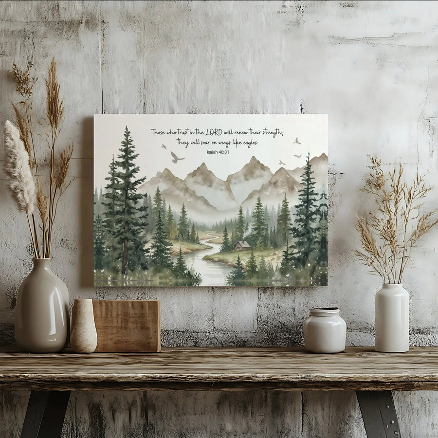 Isaiah 40:31 Canvas Art | Watercolor Mountain Landscape Scripture Wall Decor | Premium 1.25" Gallery Wrap | Inspirational Religious Gift for Home