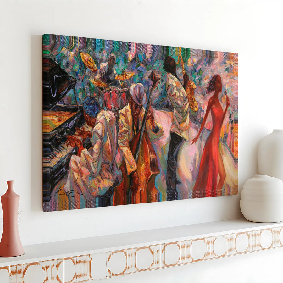 Abstract Jazz Band Canvas Wall Art | Vibrant Music Club Painting | Premium Fade-Resistant Print | Collector's Gift for Music Lover