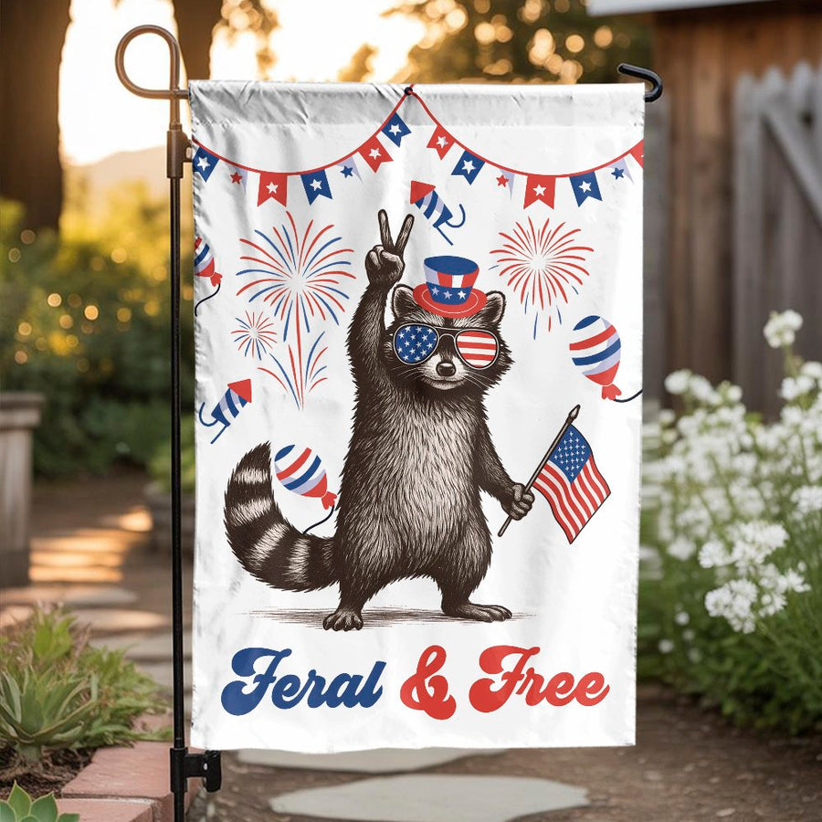 Patriotic Raccoon Garden Flag | Feral & Free 4th of July Yard Decor | Weather-Resistant Premium Polyester | Independence Day Gift for Animal Lovers