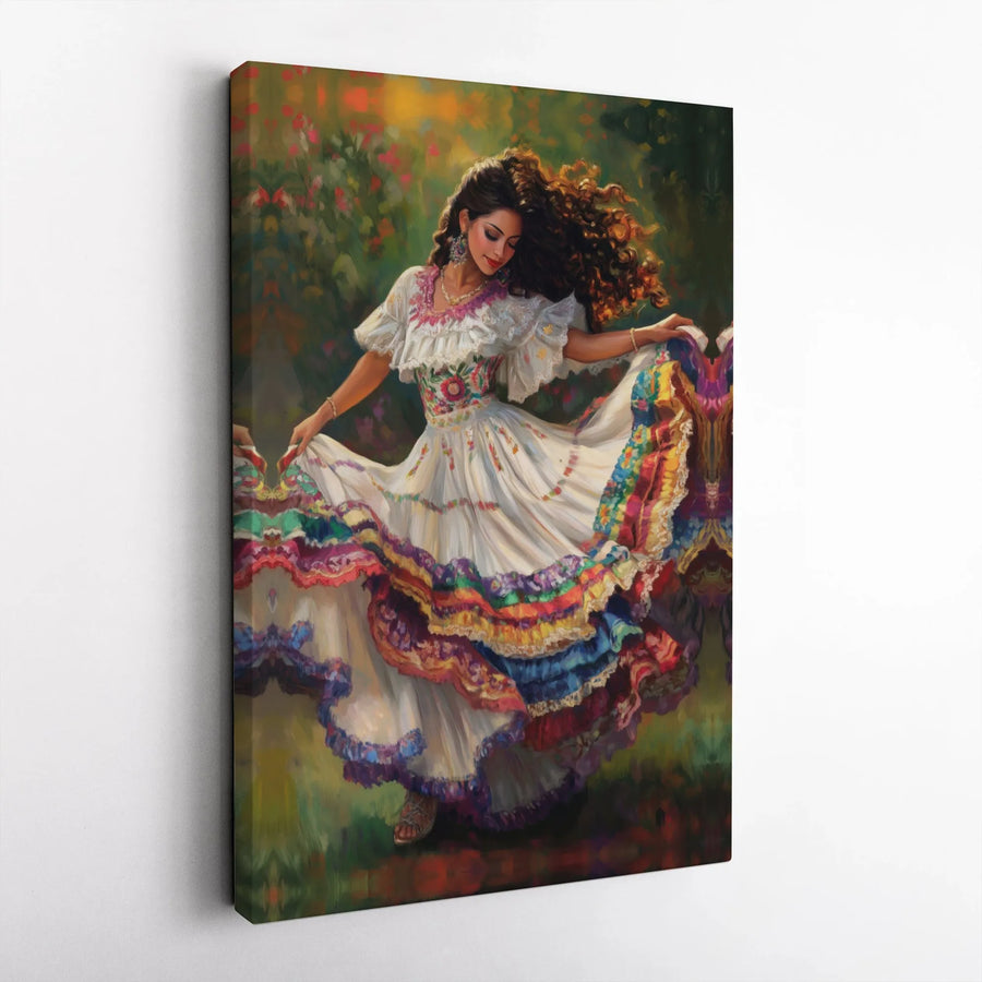 Mexican Folklorico Dancer Canvas Print | Vibrant Traditional Folk Dress Painting | Premium Gallery Canvas | Hispanic Heritage Gift & Latina Wall Decor