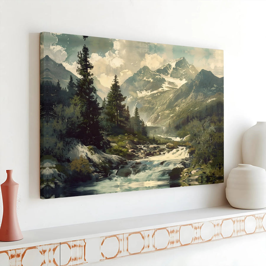 Vintage Mountain Wall Art | Rustic River & Snow Capped Mountain Painting | Premium Gallery Wrapped 1.25" Canvas | Cabin & Lodge Decor Gift
