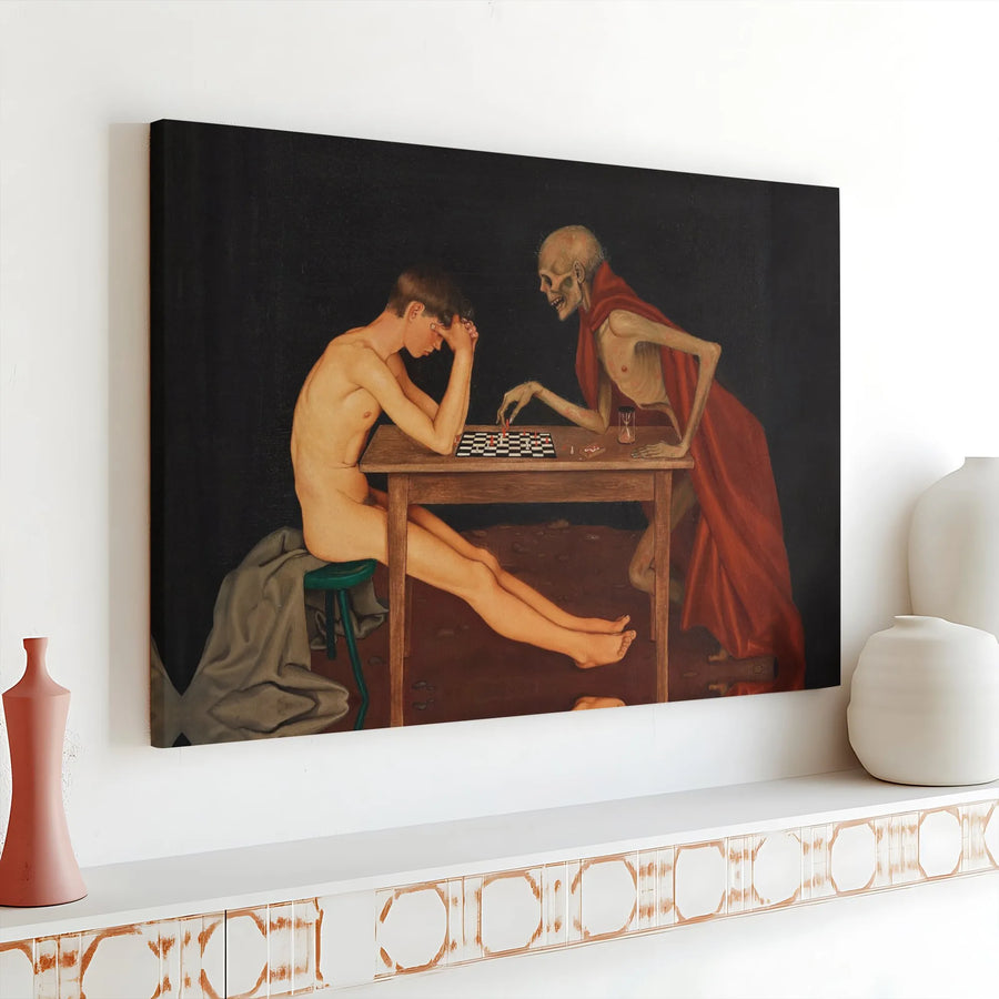 Death Playing Chess Canvas Wall Art | Macabre Figurative Painting | Premium 1.25-inch Gallery Wrap | Gothic Home Decor & Dark Academia Gift