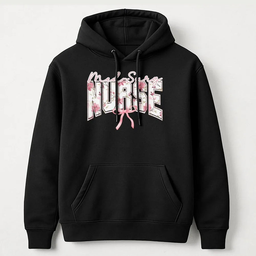 Med Surg Nurse Hoodie | Aesthetic Floral Bow Graphic | Soft Cotton Tee | Nurse Graduation Gift for Medical Student