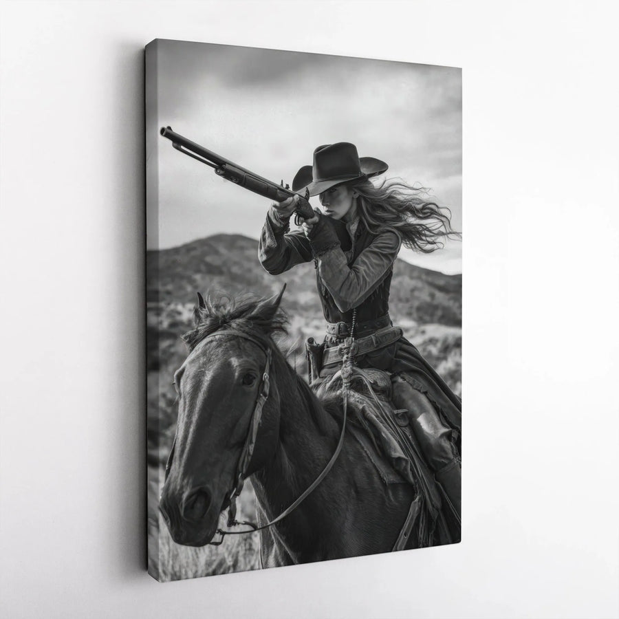 Western Cowgirl Vertical Canvas | Black and White Gunslinger Photography | Premium Gallery Style Canvas | Collector's Gift for Western Home Decor