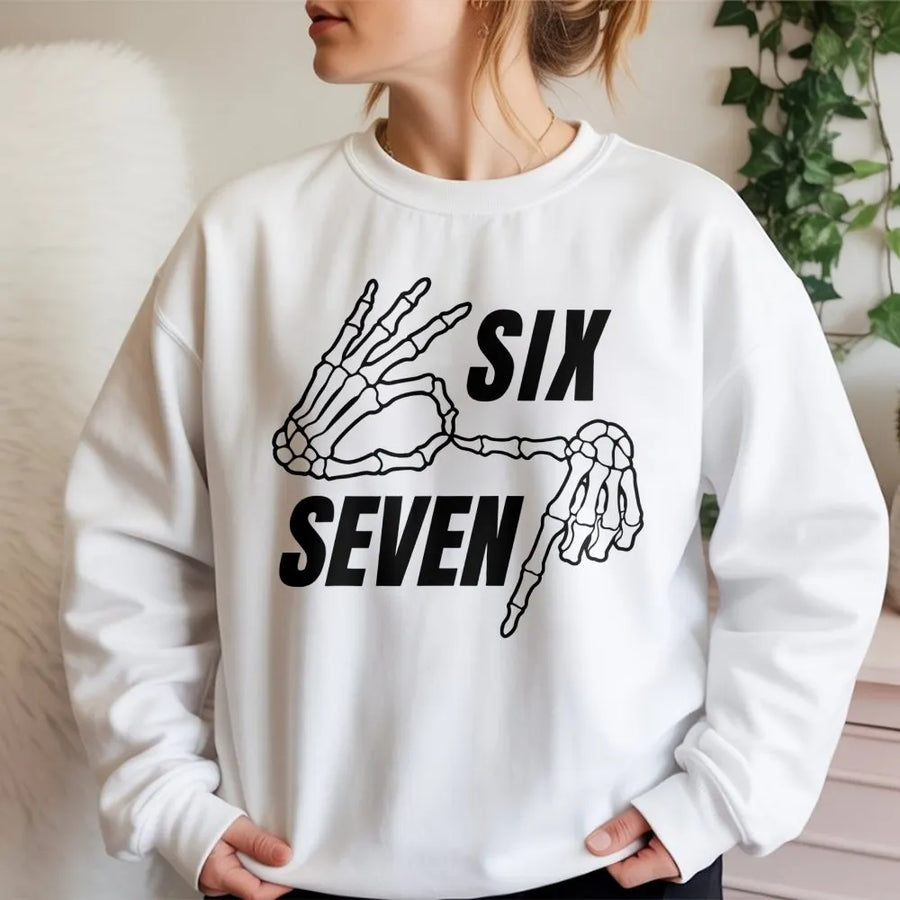 67 Graphic Sweatshirt | Skeleton Hand Sign Design | Premium Cotton Blend | Unisex Streetwear Gift for Men and Women