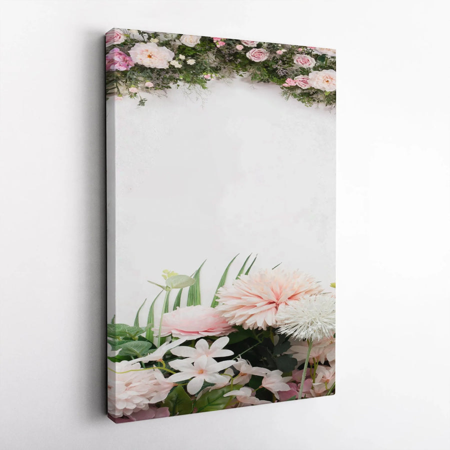 Pink Floral Garland Vertical Canvas | Elegant Rose & Dahlia Botanical Border Wall Art | Premium 1.25” Gallery Wrap | Romantic Wedding Ceremony Sign & Gift