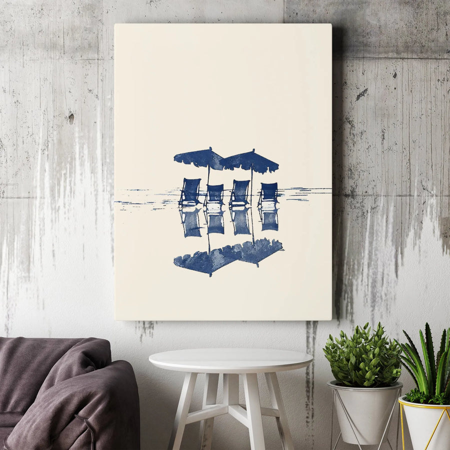 Coastal Beach Art Canvas Print | Blue Ink Umbrella and Chairs Reflection | Premium Gallery Wrapped | Modern Minimalist Home Decor