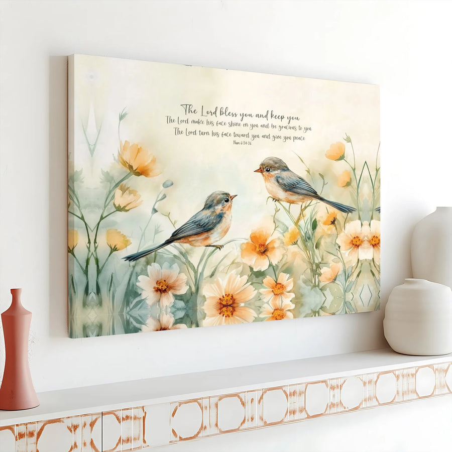 Bible Verse Canvas Print | Watercolor Birds with Numbers 6:24 Scripture | Premium Gallery Wrapped Art | Inspirational Christian Gift