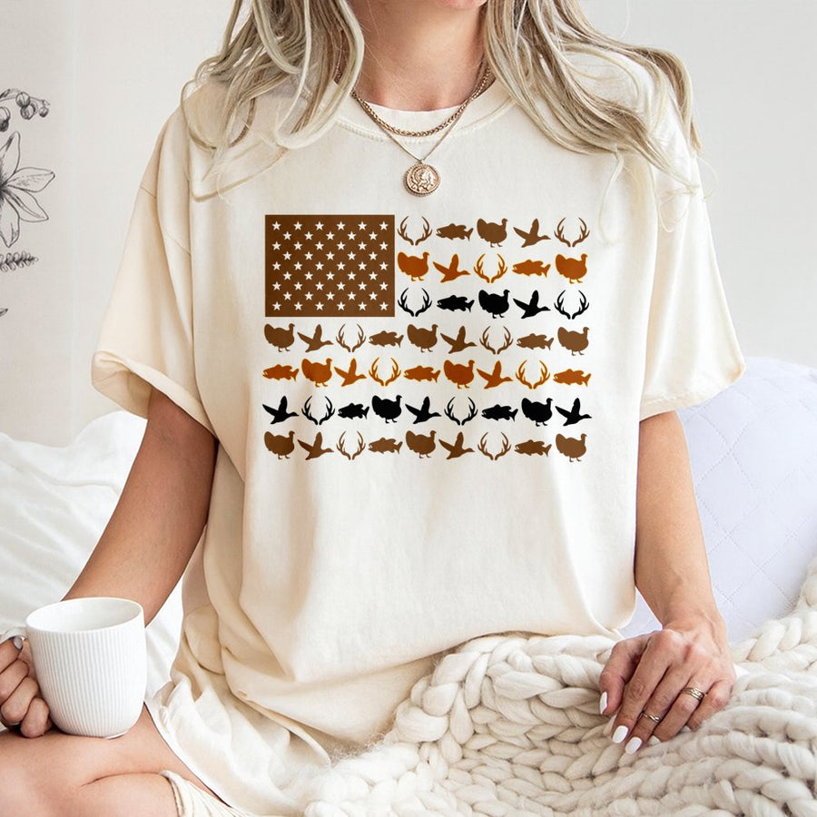 American Flag Hunting T-Shirt | Deer Duck Fish Silhouette Graphic | 100% Cotton Premium Quality | Patriotic Gift for Outdoorsman and Hunter