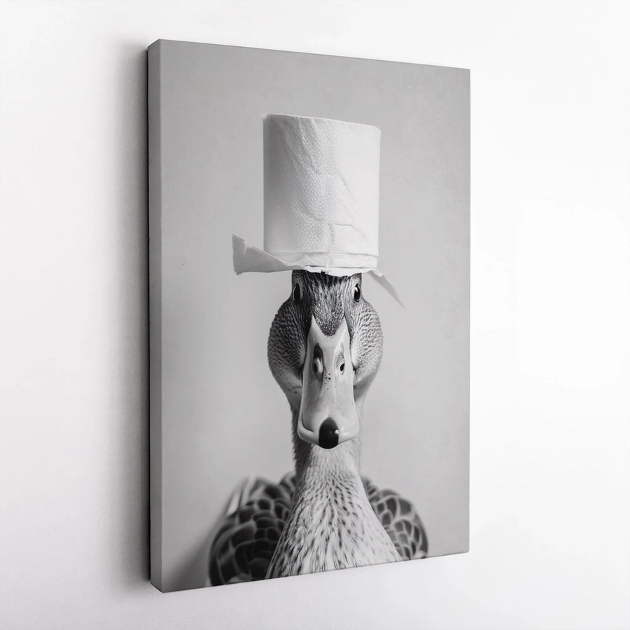 Funny Duck Canvas Art | Quirky Toilet Paper Hat Animal Portrait | Gallery Quality 1.25 Inch Print | Unique Bathroom Wall Decor Gift
