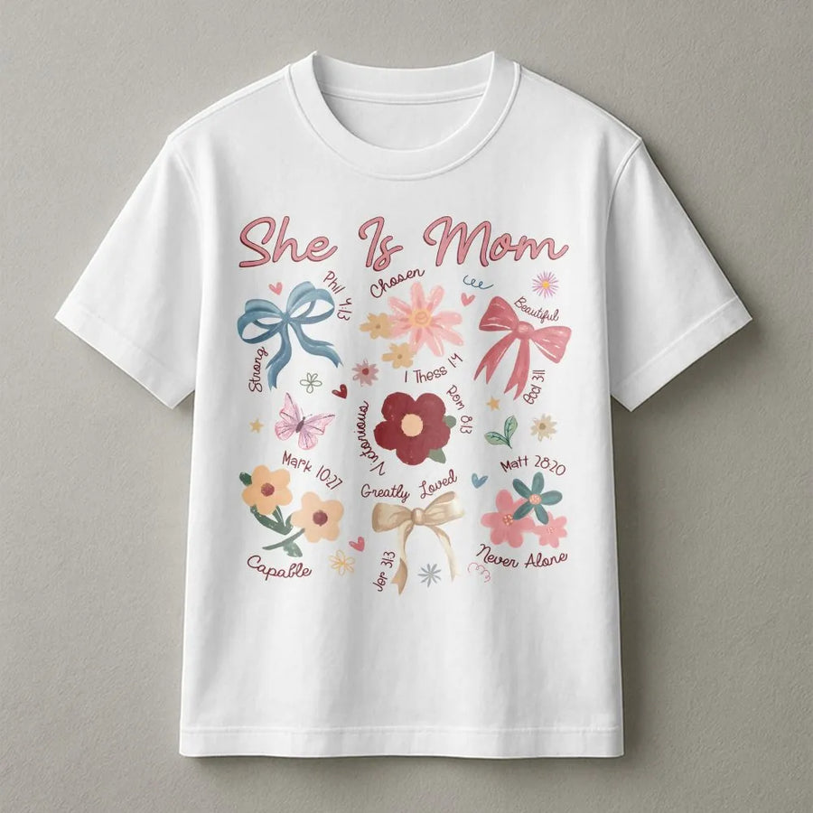 She Is Mom Floral Bible Verse T-Shirt | Boho Christian Mama Aesthetic | 100% Cotton Premium Tee | Faith-Based Mother's Day 2026 Gift for Her