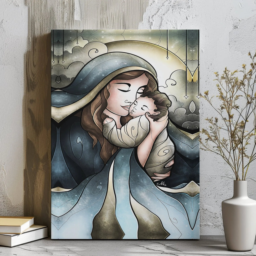Virgin Mary and Baby Jesus Canvas Wall Art | Stylized Stained Glass Effect Religious Print | Premium Gallery Wrap Decor | Catholic Home Gift