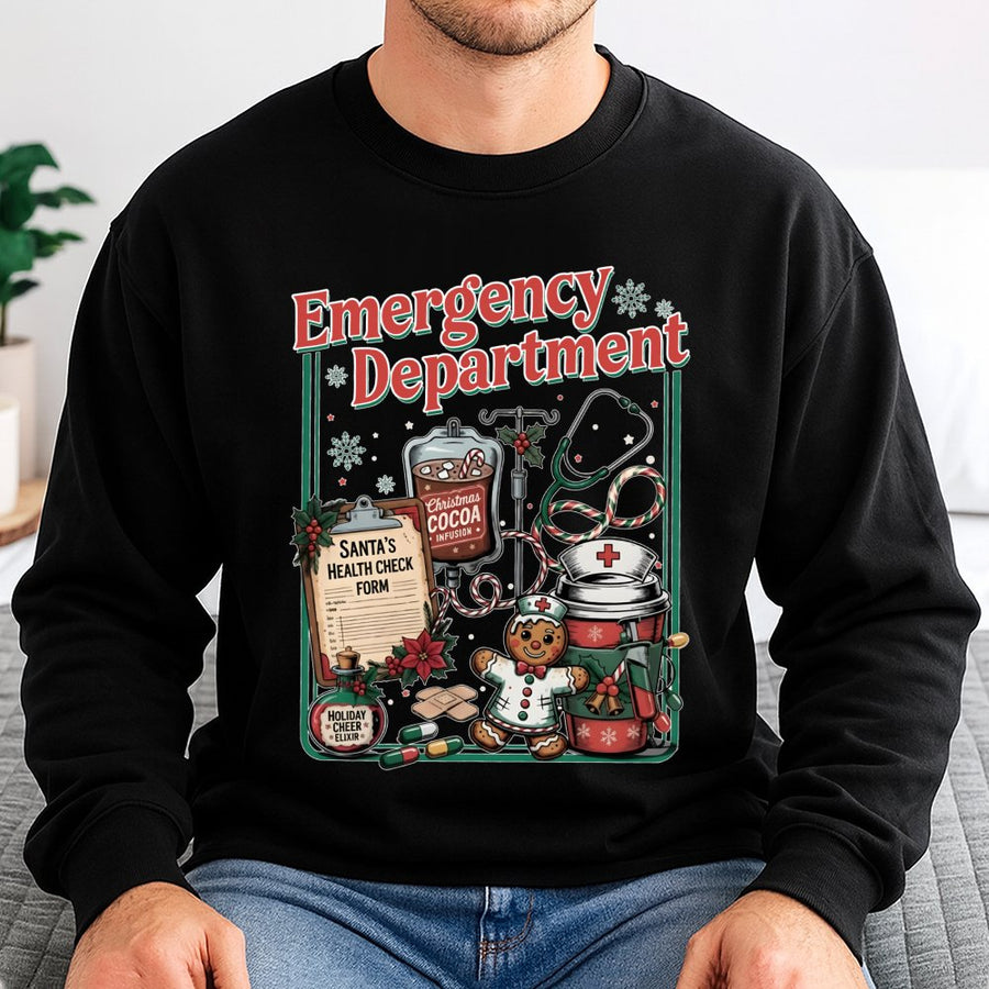 Emergency Department Christmas Sweatshirt | Funny ER Nurse Gingerbread Design | Premium Cotton-Poly Blend | Holiday Gift For Nurses and Doctors