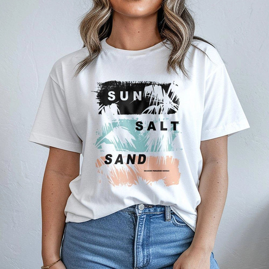 Sun Salt Sand T-Shirt | Tropical Palm Tree Graphic Print | Premium Soft Cotton Blend | Vacation Beach Gift for Hawaii Lovers