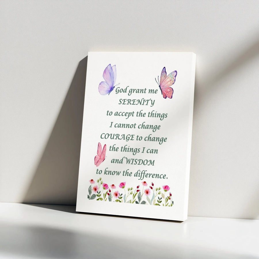 Serenity Prayer Wall Art | Watercolor Butterfly Floral Canvas | Premium Gallery Wrap | Inspirational Spiritual Home Decor Gift