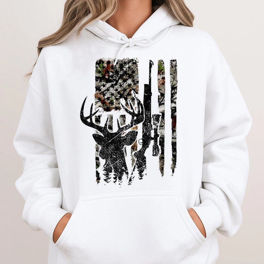 Deer Hunting Hoodie | Camo American Flag Graphic | Premium Cotton Blend | Gift for Hunter Men and Women