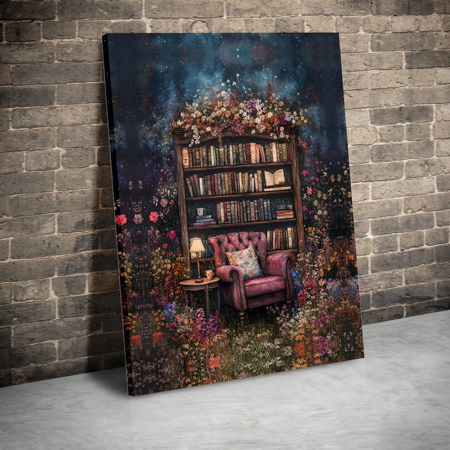 Whimsical Library Canvas Print | Enchanted Reading Nook with Wildflowers | Premium Fade-Resistant Wall Art | Cozy Home Office Decor Gift