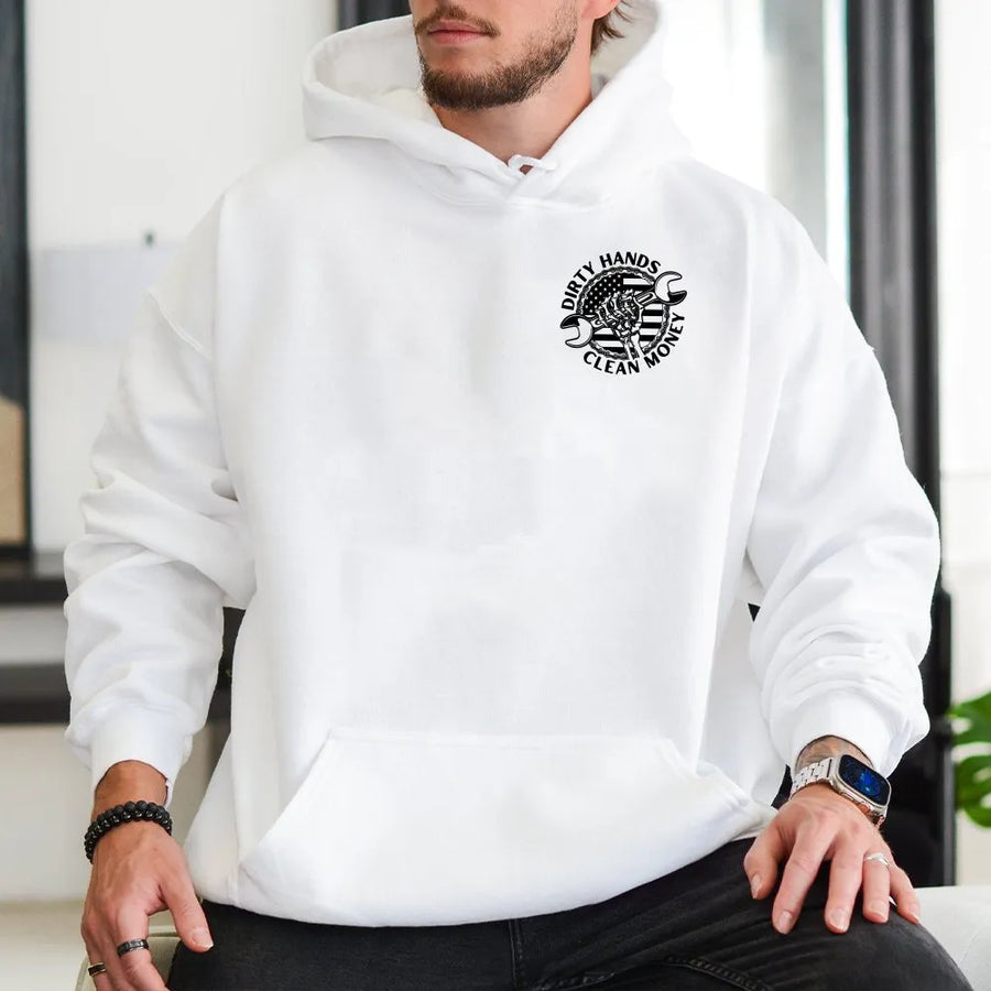 Dirty Hands Clean Money Hoodie | Blue Collar Skull Emblem | Premium Cotton Blend Sweatshirt | Gift for Mechanic or Tradesman