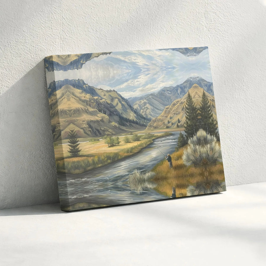 Fly Fishing Mountain River Canvas Art | Surreal Mirrored Landscape Wall Decor | Premium 1.25-inch Gallery Wrap | Gift for Fisherman & Nature Lovers