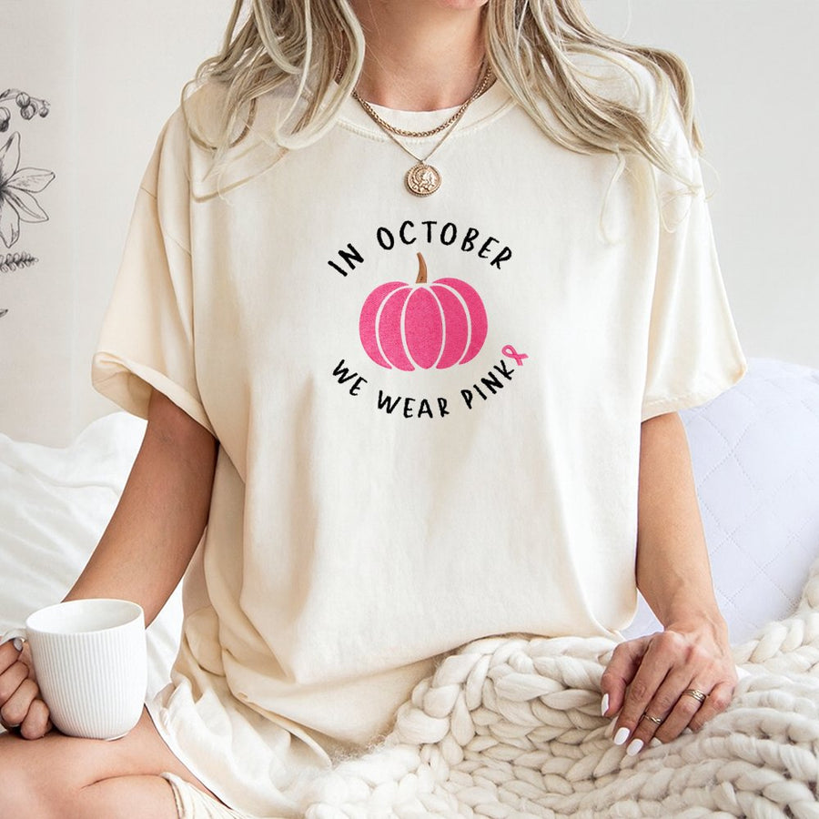 In October We Wear Pink T-Shirt | Breast Cancer Awareness Pumpkin Design | 100% Cotton Premium Tee | Support & Hope Gift For Women