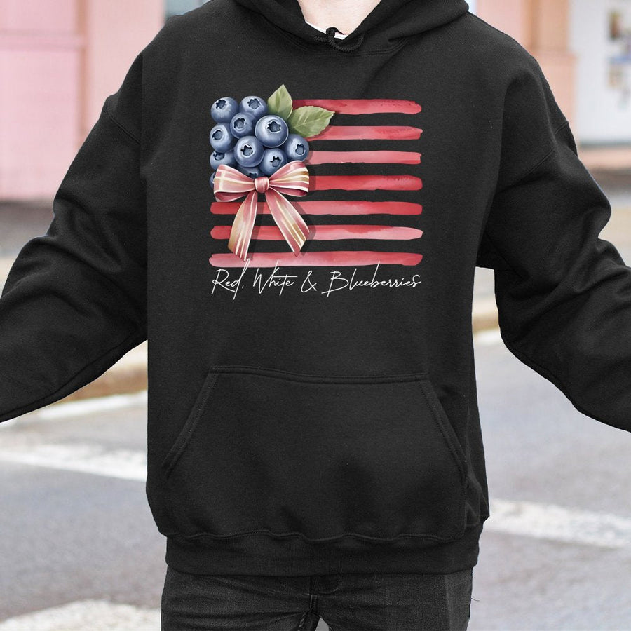 Red White and Blueberries Hoodie | Patriotic Watercolor Flag Graphic | Soft Cotton-Polyester Blend | July 4th Independence Day Gift for Adults