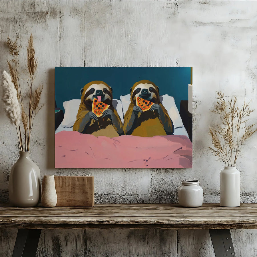 Sloth Wall Art Canvas | Two Sloths Eating Pizza In Bed | Gallery Wrapped Premium Decor | Funny Animal Bedroom Poster Gift