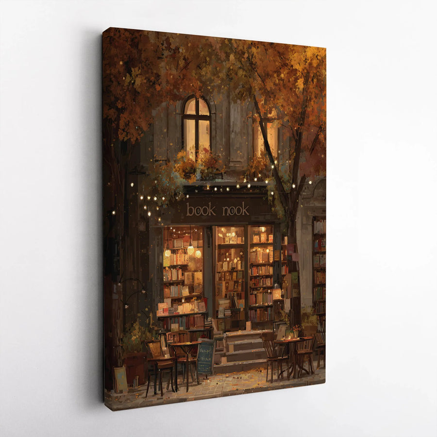 Cozy Bookstore Canvas Wall Art | Painterly Autumn Book Nook Scene | Premium Gallery Wrapped Print | Gift for Readers & Book Lovers