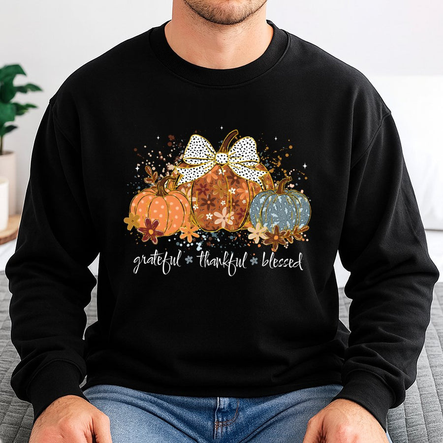 Grateful Thankful Blessed Pumpkin Sweatshirt | Fall Floral Pumpkin Graphic | Premium Cotton Blend | Cozy Thanksgiving Gift for Women