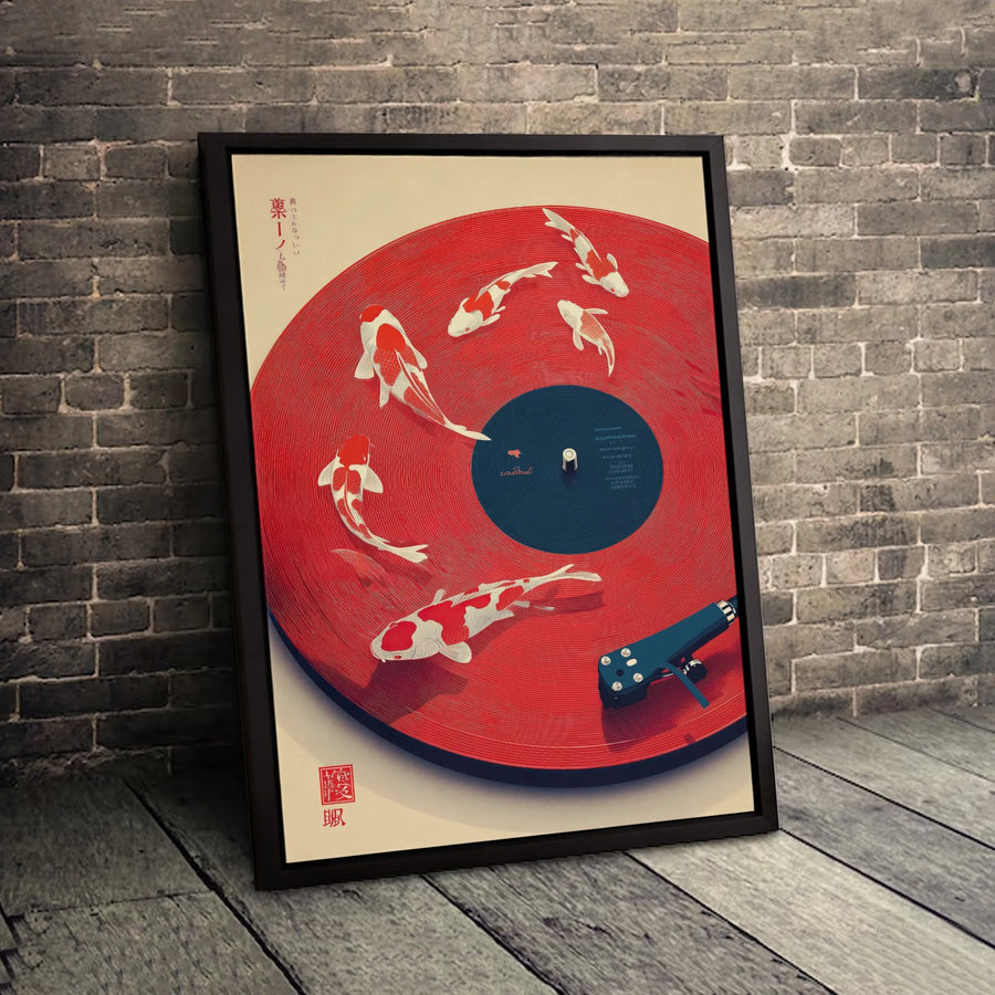 Japanese Koi Fish Canvas Print | Surreal Vinyl Record Turntable Art | 1.25" Premium Gallery Wrapped | Zen Music Decor for Modern Home Office
