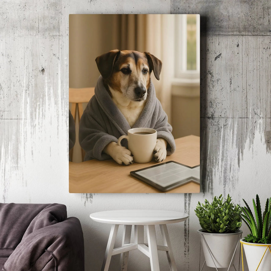 Dog in Bathrobe Coffee Canvas Wall Art | Whimsical Morning Coffee Drinking Dog | Premium Gallery-Wrap Canvas | Funny Animal Home Decor Gift for Dog Lovers