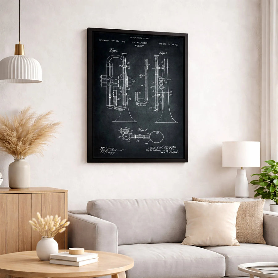 Cornet Patent Wall Art | Vintage Music Instrument Blueprint Drawing | Premium Gallery Canvas Print | Musician Gift & Home Office Decor