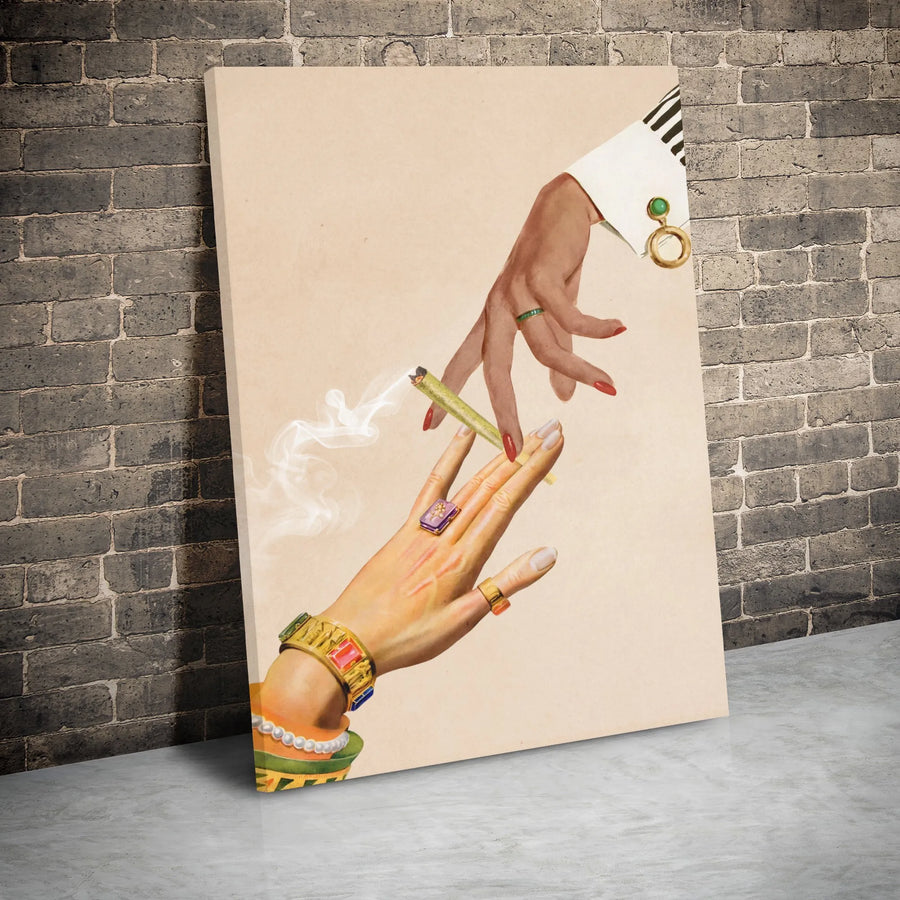 Vintage Hands Passing Joint Canvas | Retro Collage Wall Art | Premium Gallery Wrap Print | Edgy Stoner Home Decor Gift