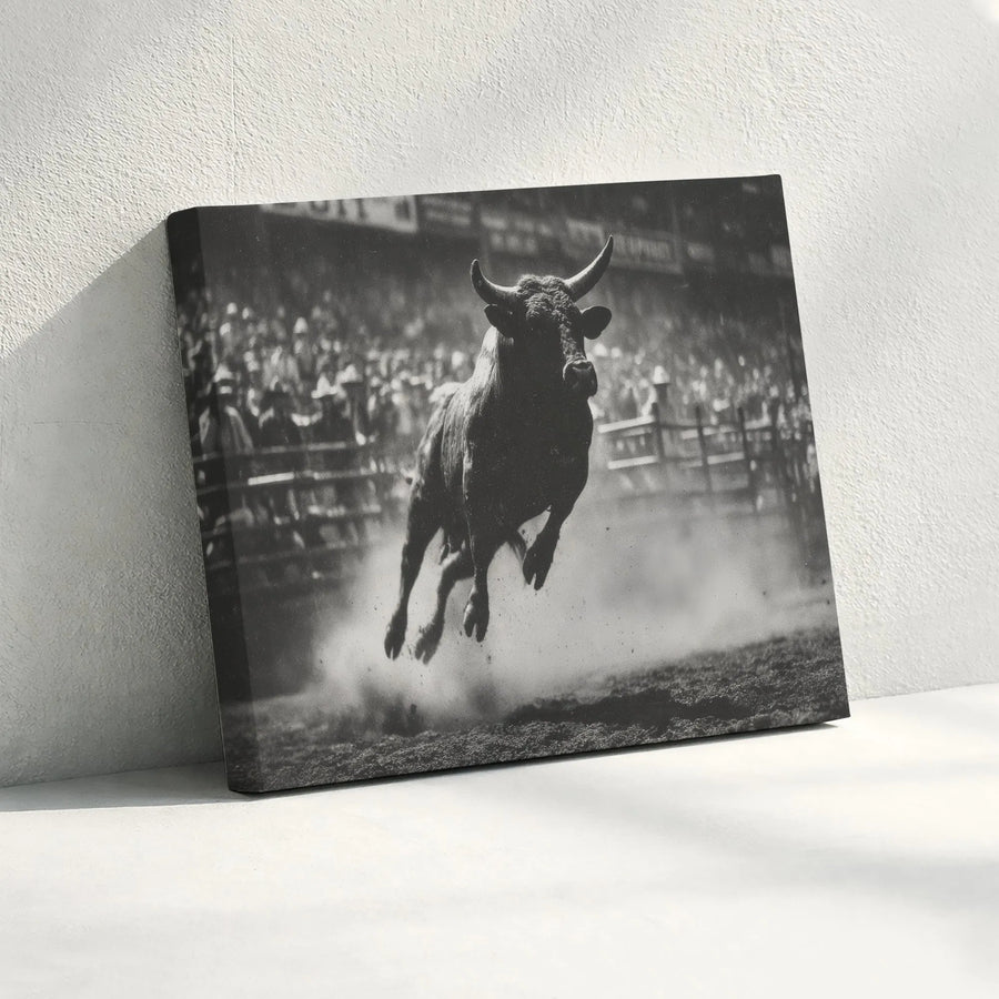 Vintage Rodeo Bull Canvas Art | Black and White Western Photography | Premium Gallery Wrapped Canvas | Man Cave & Rustic Home Decor