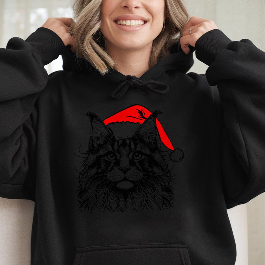 Maine Coon Cat Christmas Hoodie | Festive Santa Hat Graphic Print | Soft Cotton-Blend Premium Apparel | Cute Holiday Gift for Cat Lovers