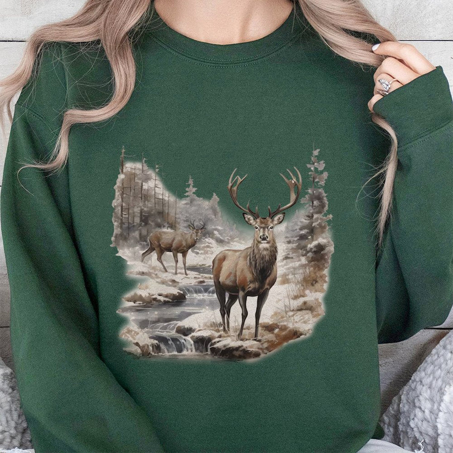 Deer Wilderness Scene Sweatshirt | Watercolor Wildlife Forest Print | Premium Cotton Blend | Gift for Nature Lovers and Outdoor Enthusiasts