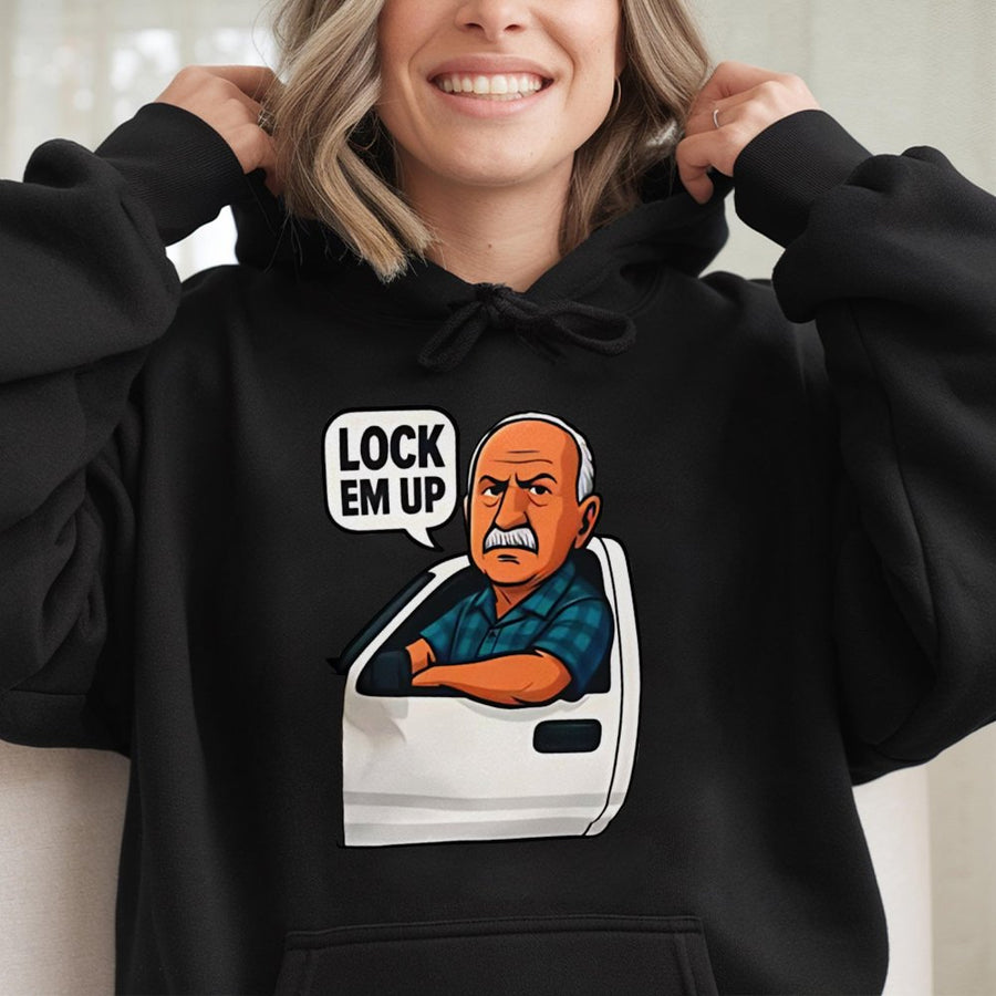 Lock Em Up Funny Graphic Hoodie | Retro Car Cartoon Design | Premium Cotton Blend | Gift For Men And Women Viral Humor Apparel