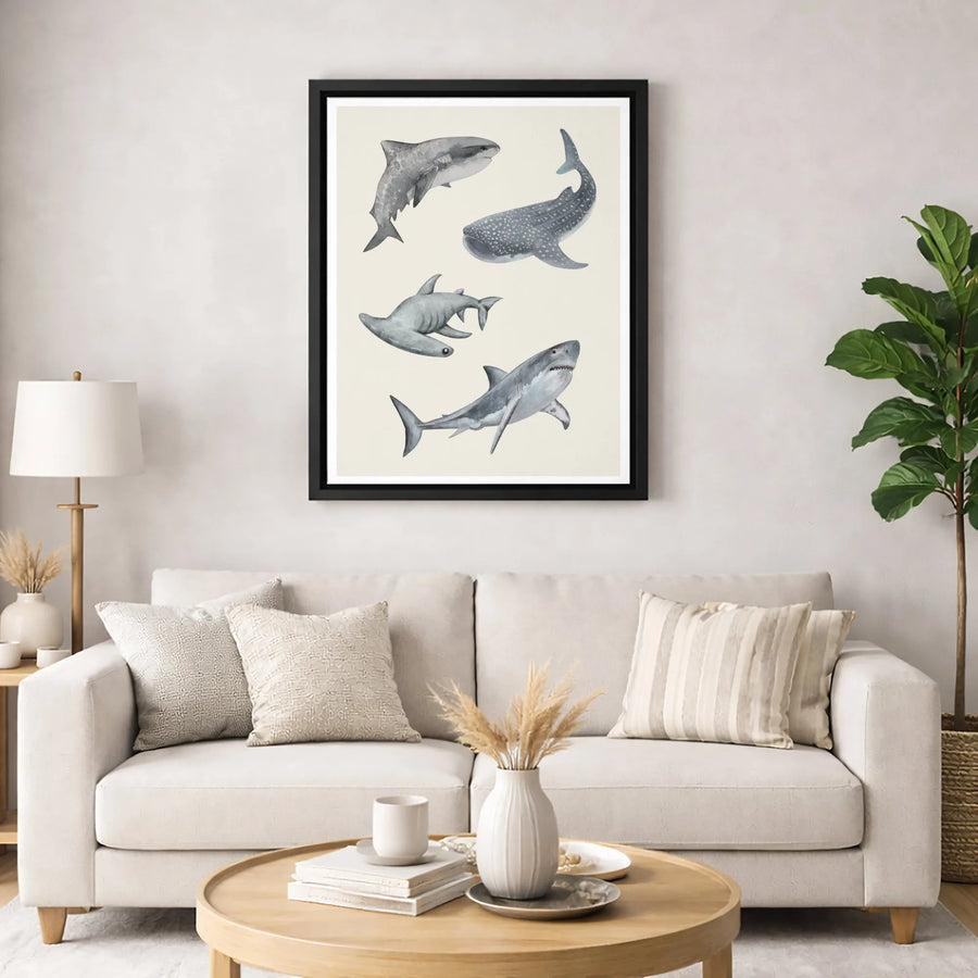 Shark Wall Art Canvas | Watercolor Ocean Animal Illustration | Premium 1.25-Inch Gallery Wrap | Coastal Home Decor Gift for Ocean Lovers