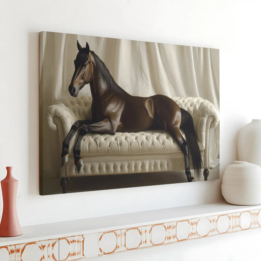 Brown Horse Canvas Wall Art | Elegant Equestrian Decor on Tufted Sofa | Gallery-Wrap Premium Canvas | Artistic Gift for Horse Lovers