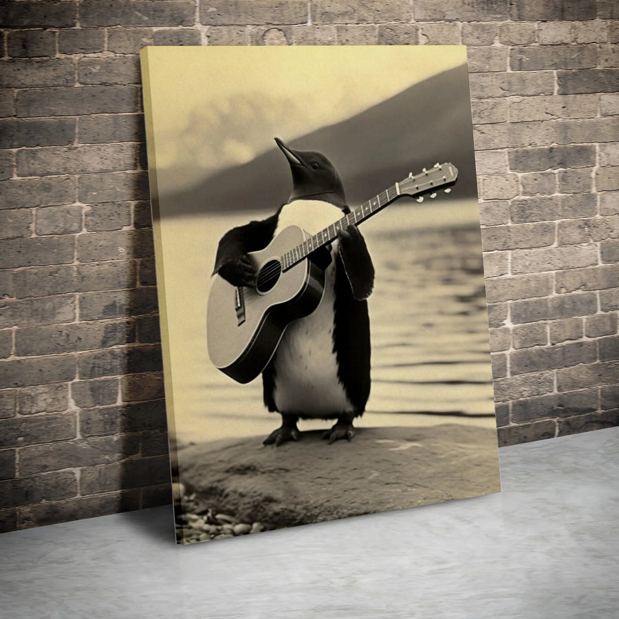 Penguin Playing Guitar Vertical Canvas | Whimsical Vintage Animal Photography | Premium Thick Gallery Wrap Wall Art | Unique Home Decor Gift for Musician