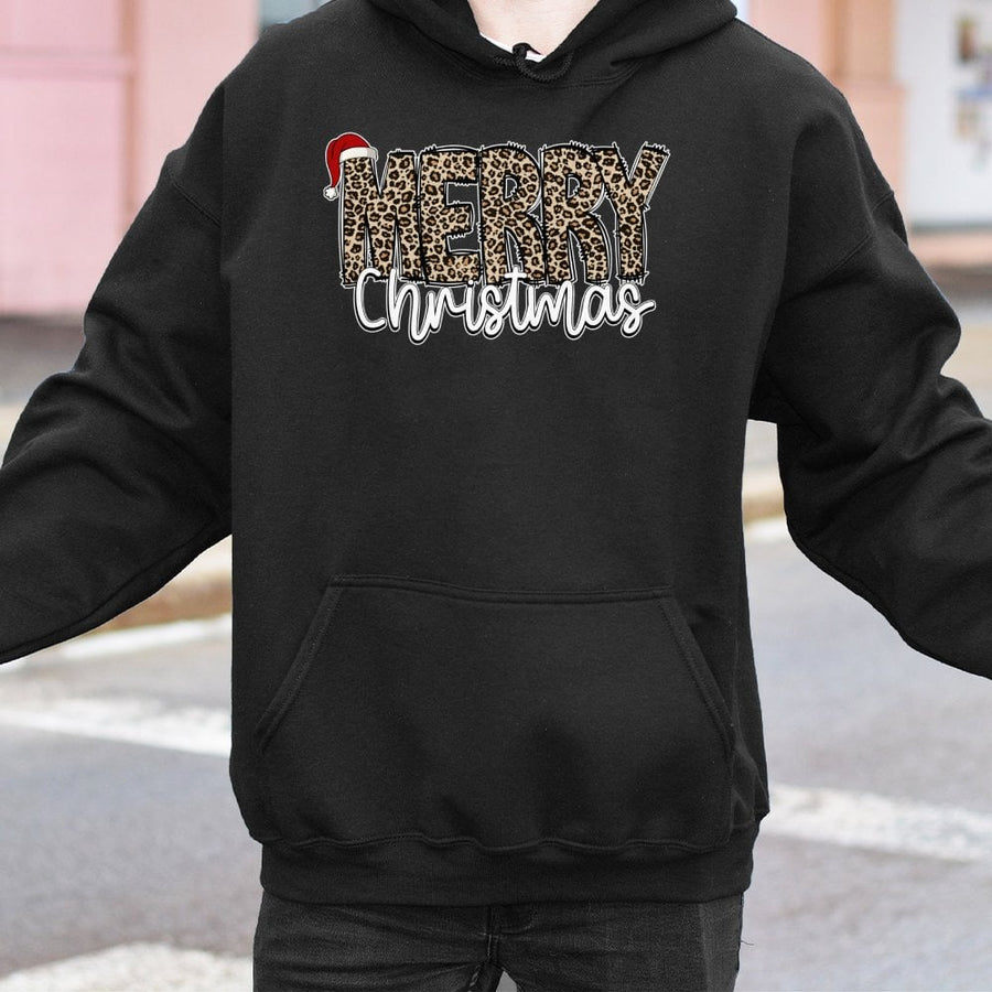 Merry Christmas Leopard Print Hoodie | Festive Santa Hat Graphic | Soft Cotton-Poly Blend | Cozy Holiday Gift for Women and Men
