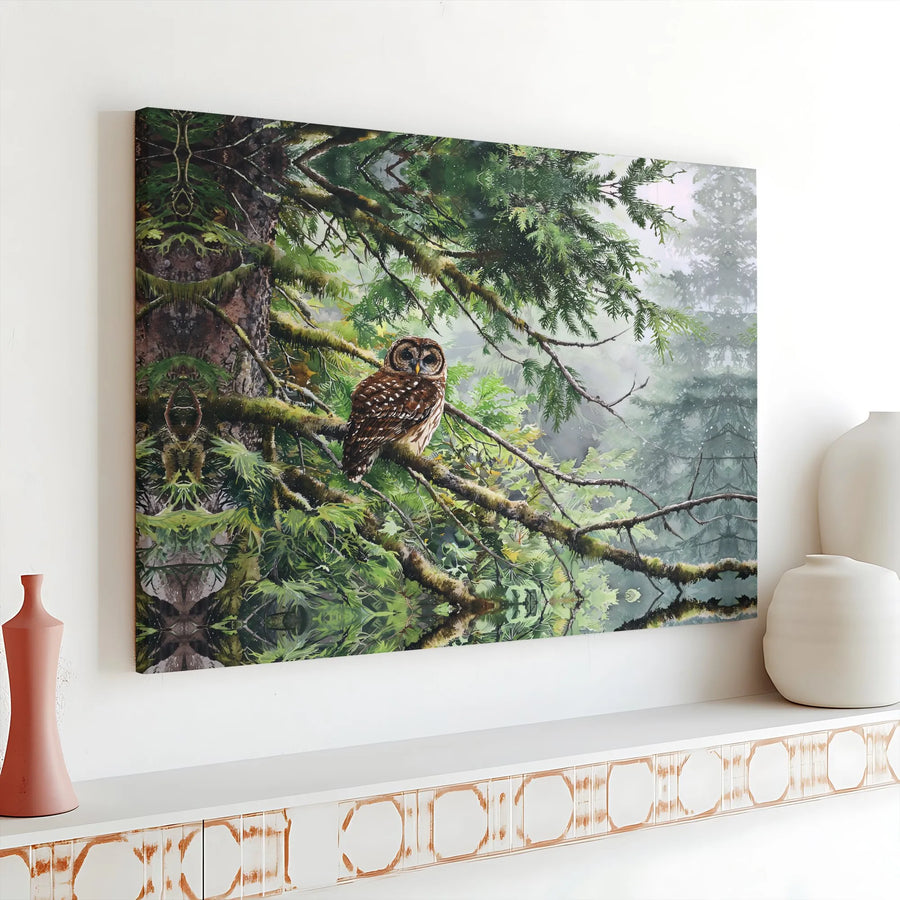 Spotted Owl Canvas Wall Art | Foggy Forest Nature Print | Premium 1.25 Inch Gallery Wrap | Wildlife Home Decor for Nature Lovers