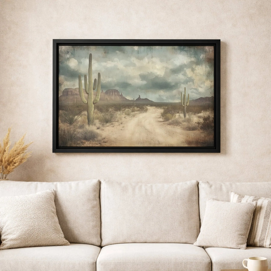 Southwest Desert Landscape Canvas Print | Saguaro Cactus Dirt Road Art | Premium Fade-Resistant Gallery Wrap | Southwestern Home Decor Wall Art