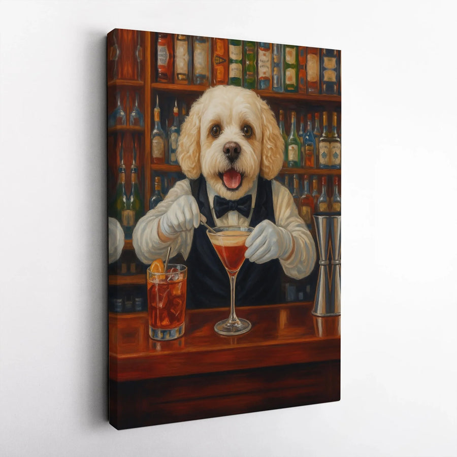 Dog Bartender Canvas Wall Art | Whimsical Cocktail Mixing Dog Portrait | Premium 1.25" Gallery Wrap | Unique Home Bar Decor Gift for Dog Lovers