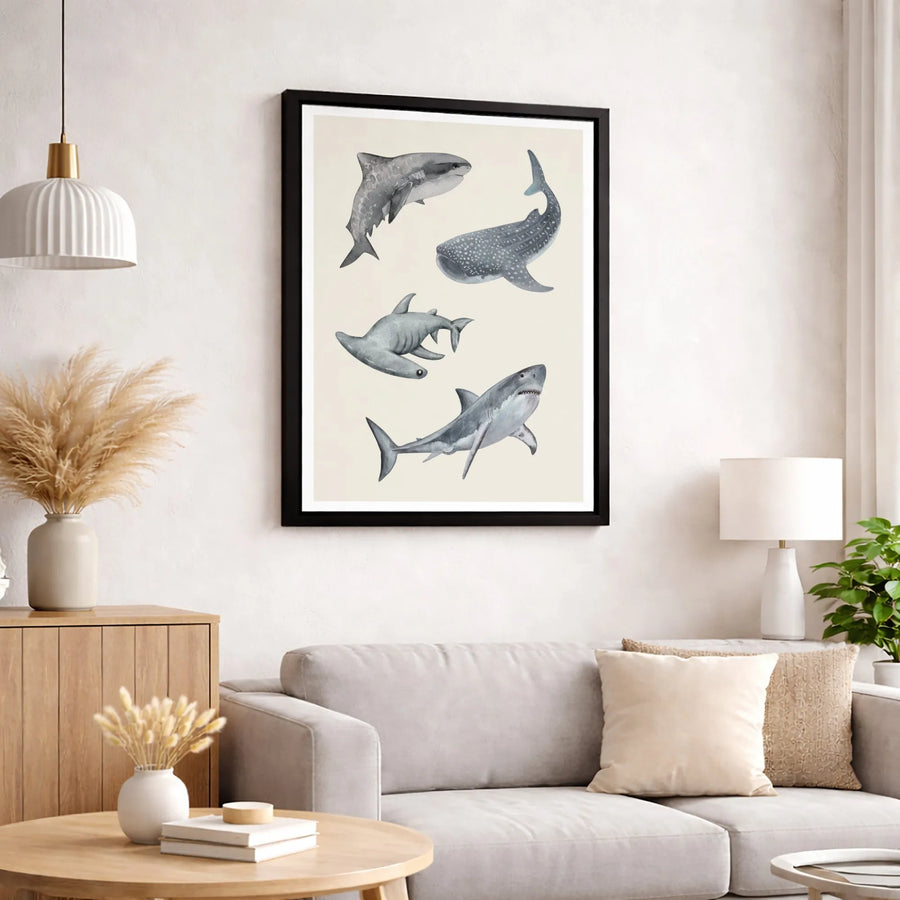 Shark Wall Art Canvas | Watercolor Ocean Animal Illustration | Premium 1.25-Inch Gallery Wrap | Coastal Home Decor Gift for Ocean Lovers